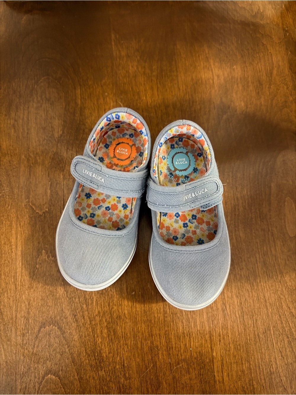 Livie & Luca Light Blue Canvas Mary Janes with Floral Insole size 7